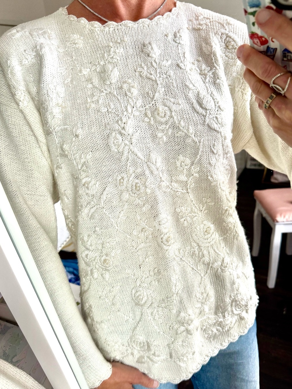 Vintage Tiara Floral Embroidered Pearl Sweater PM Cottagecore Romantic White